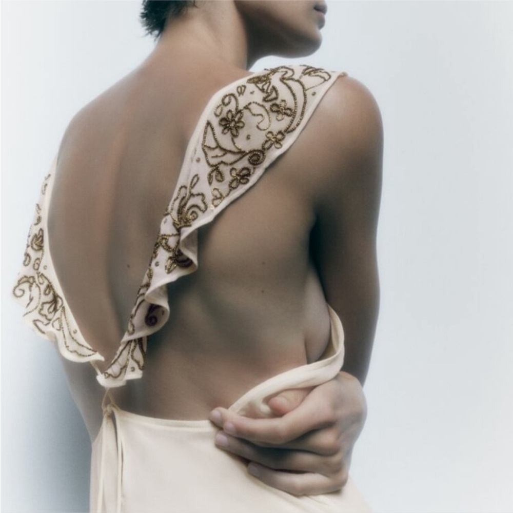 Zara Limited Edition Embroidered Beaded V-Neck Ivory Slip Maxi Dress 7521/652204 - Picture 10 of 15